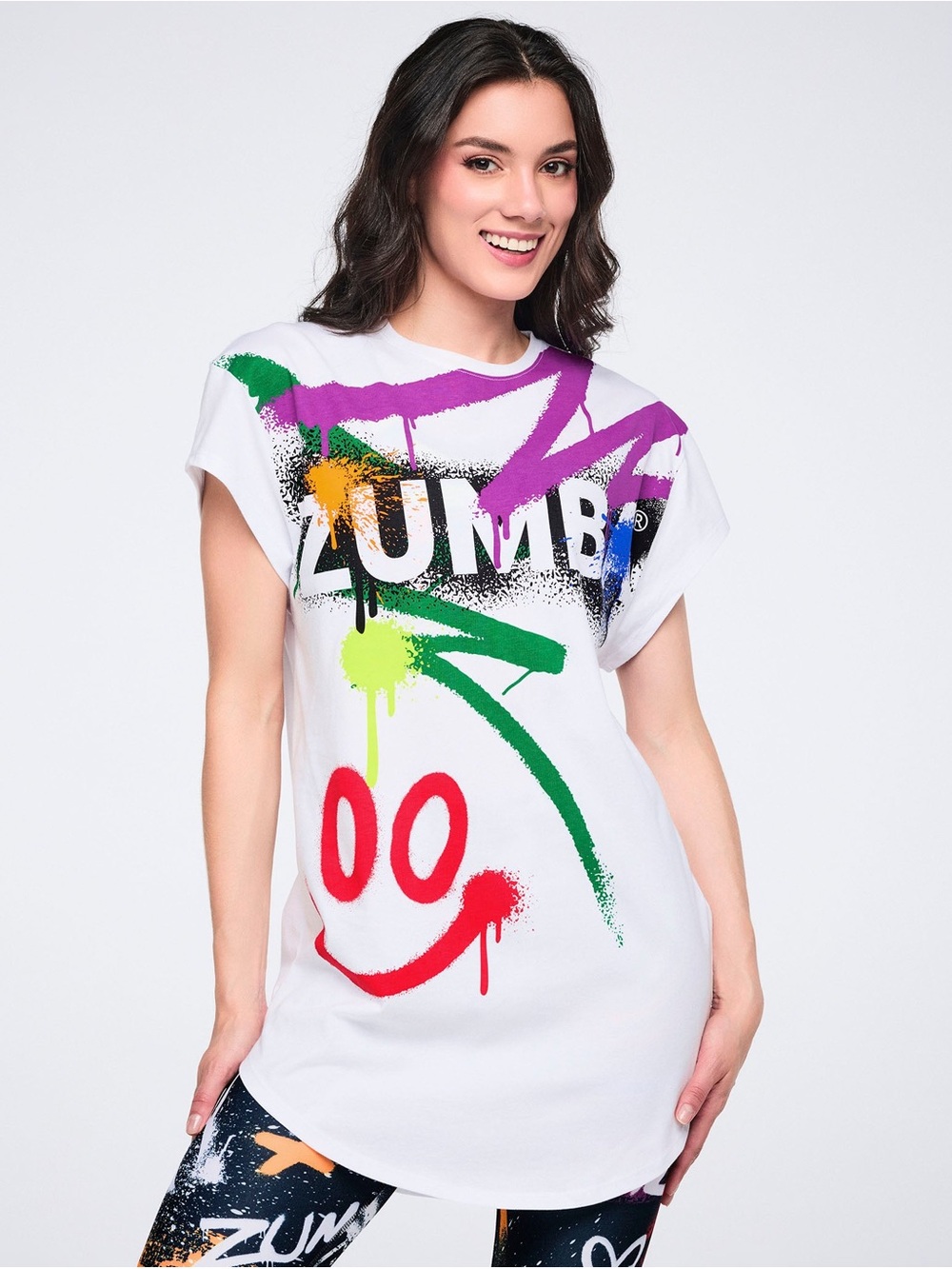 Zumba Fitness White Tee with Multicolor Graffiti Smiley